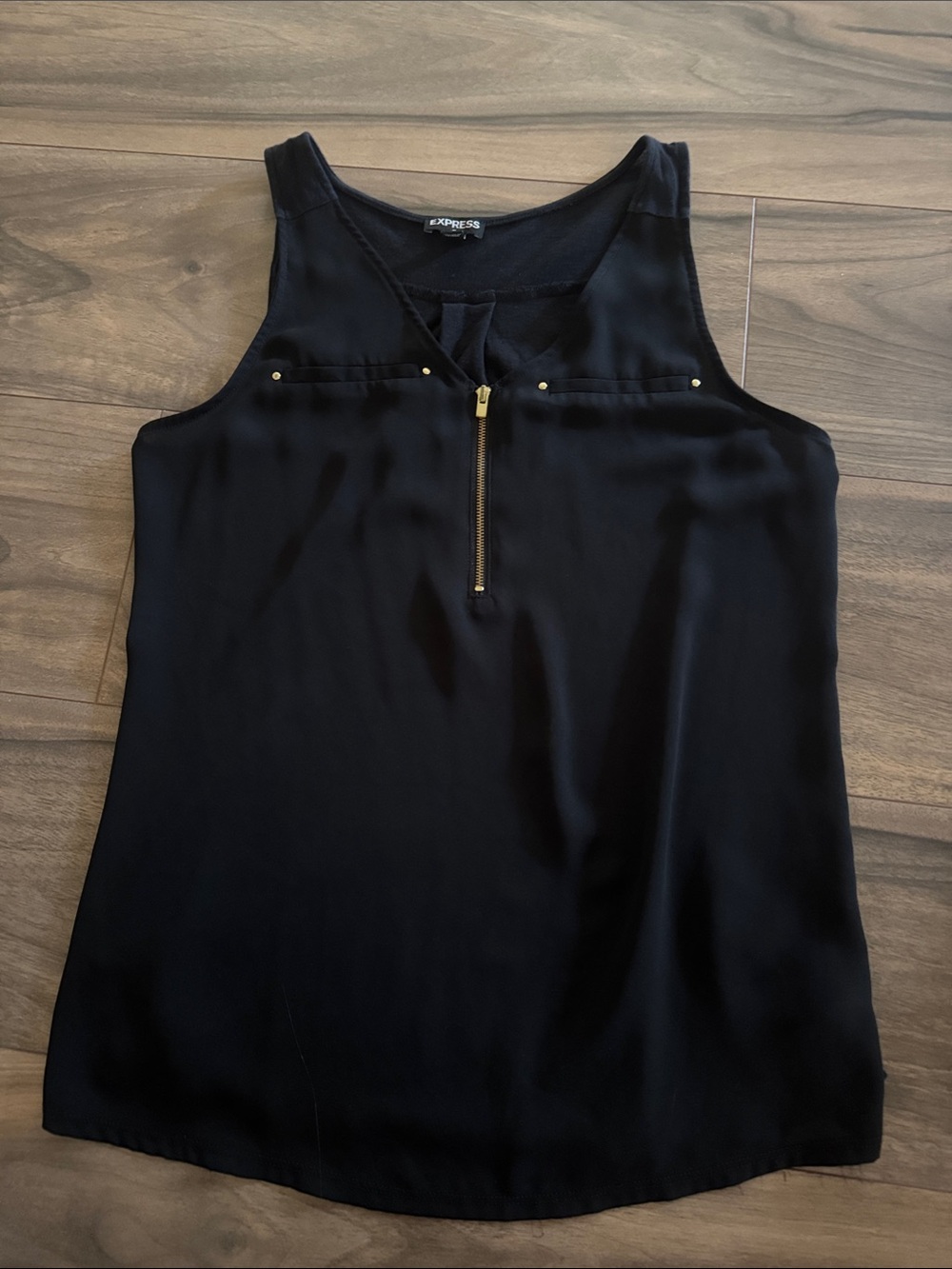Express Black Sleeveless Zip-Front Shell Top with Gold Accents